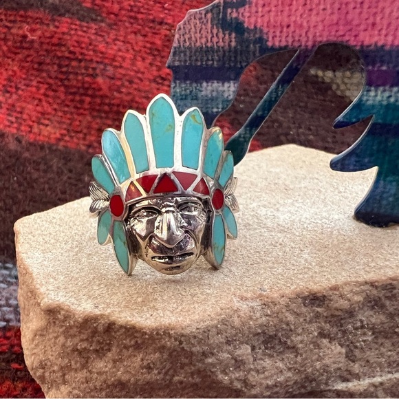 Zuni Jewelry - ❤️ Zuni Chief Inlaid Sterling Silver Southwestern Size 8.5 Ring 6.6gm